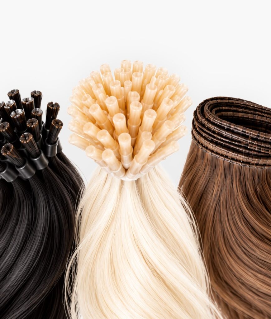 Siyah ve sarı keratin uçlu kaynak saç ile kahve tres kaynak saç